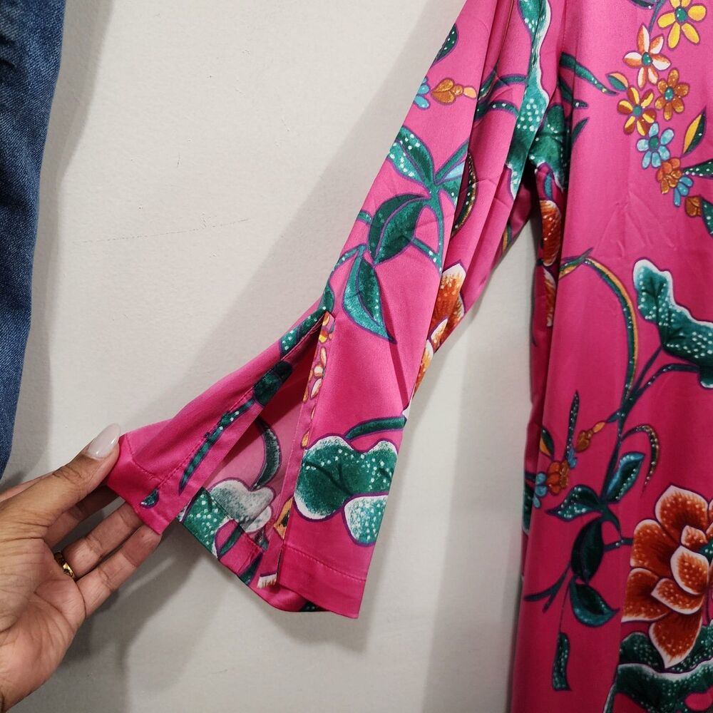 Natori Hot Pink Satin Floral Caftan Mandarin neckline Womens S Resort Lounge - Picture 8 of 11